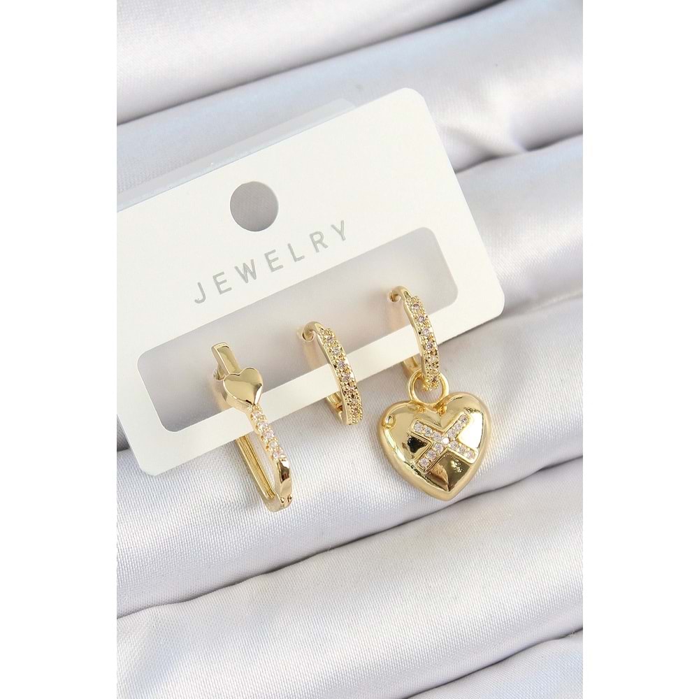 Pirinç Zirkon Taşlı Kalp Model Gold Renk 3'lü Çift Kadın Küpe Set