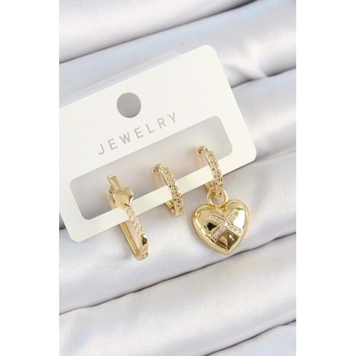 Pirinç Zirkon Taşlı Kalp Model Gold Renk 3'lü Çift Kadın Küpe Set