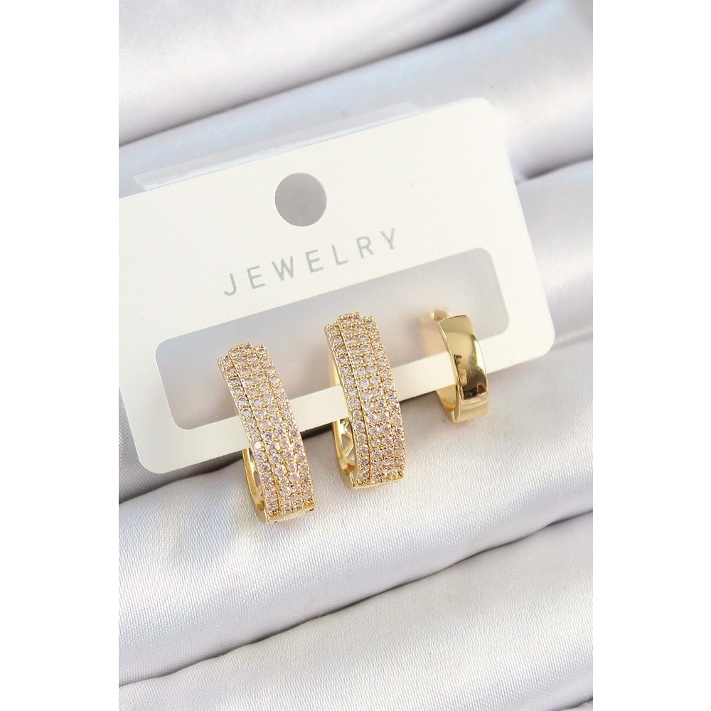 Pirinç Zirkon Taşlı Damla Model Gold Renk 3'lü Çift Kadın Küpe Set