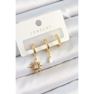 Pirinç Zirkon Taşlı Güneş Model Gold Renk 3'lü Çift Kadın Küpe Set
