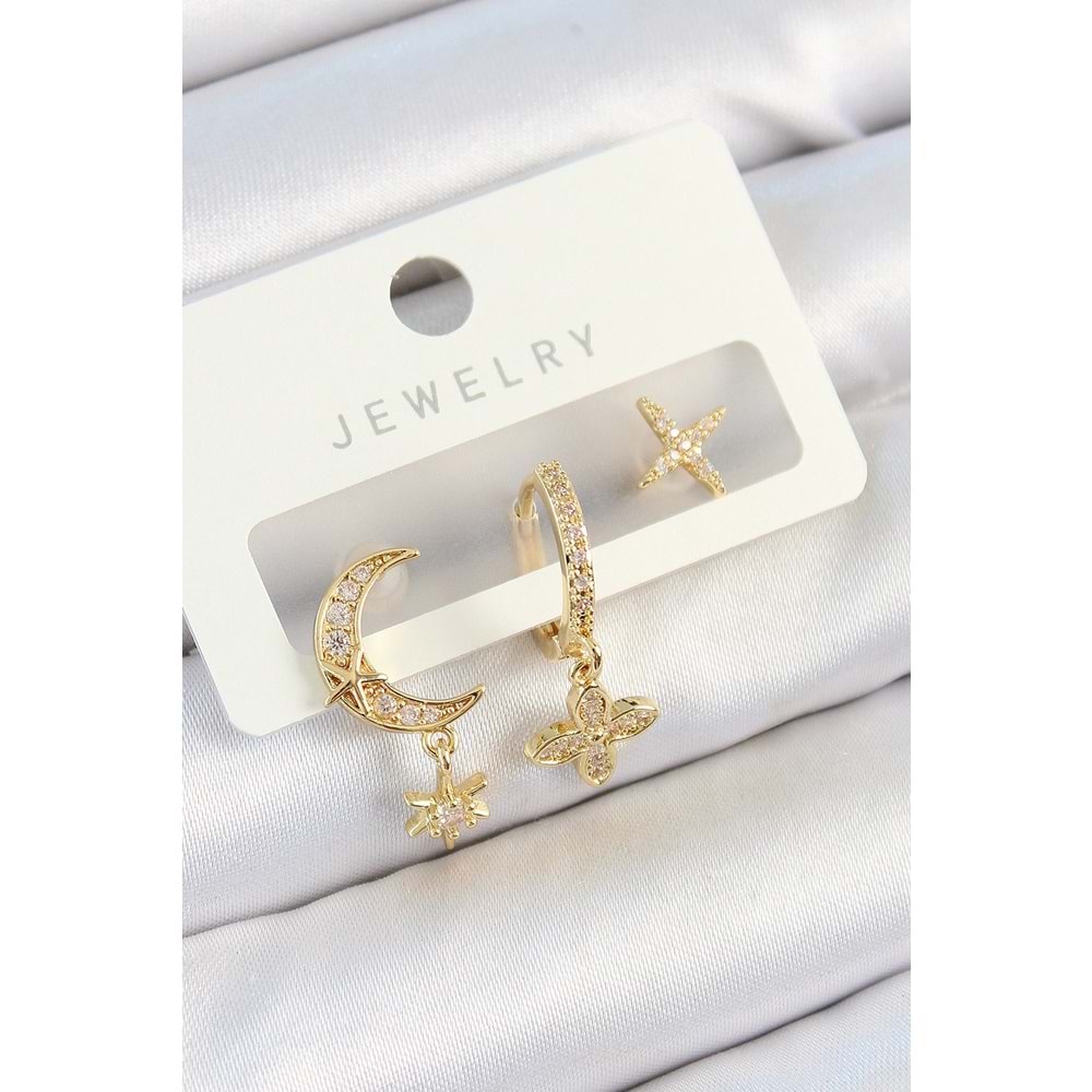 Pirinç Zirkon Taşlı Çiçek Ve Ay Model Gold Renk 3'lü Çift Kadın Küpe Set