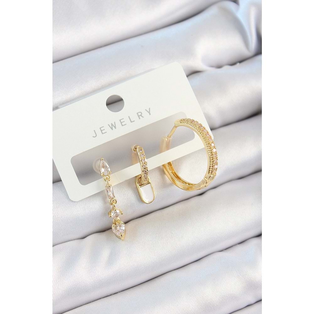 Pirinç Zirkon Taşlı Sallantılı Model Gold Renk 3'lü Çift Kadın Küpe Set