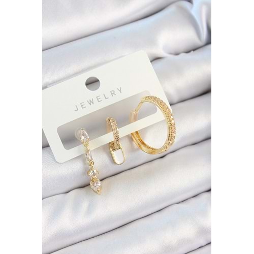 Pirinç Zirkon Taşlı Sallantılı Model Gold Renk 3'lü Çift Kadın Küpe Set