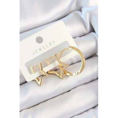 Pirinç Zirkon Taşlı Yıldız Ve Halka Model Gold Renk 3'lü Çift Kadın Küpe Set