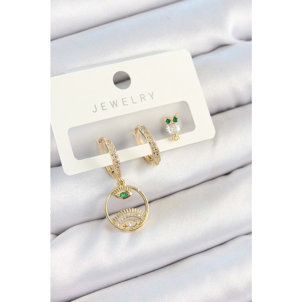 Pirinç Zirkon Taşlı Göz Ve Baykuş Model Gold Renk 3'lü Çift Kadın Küpe Set