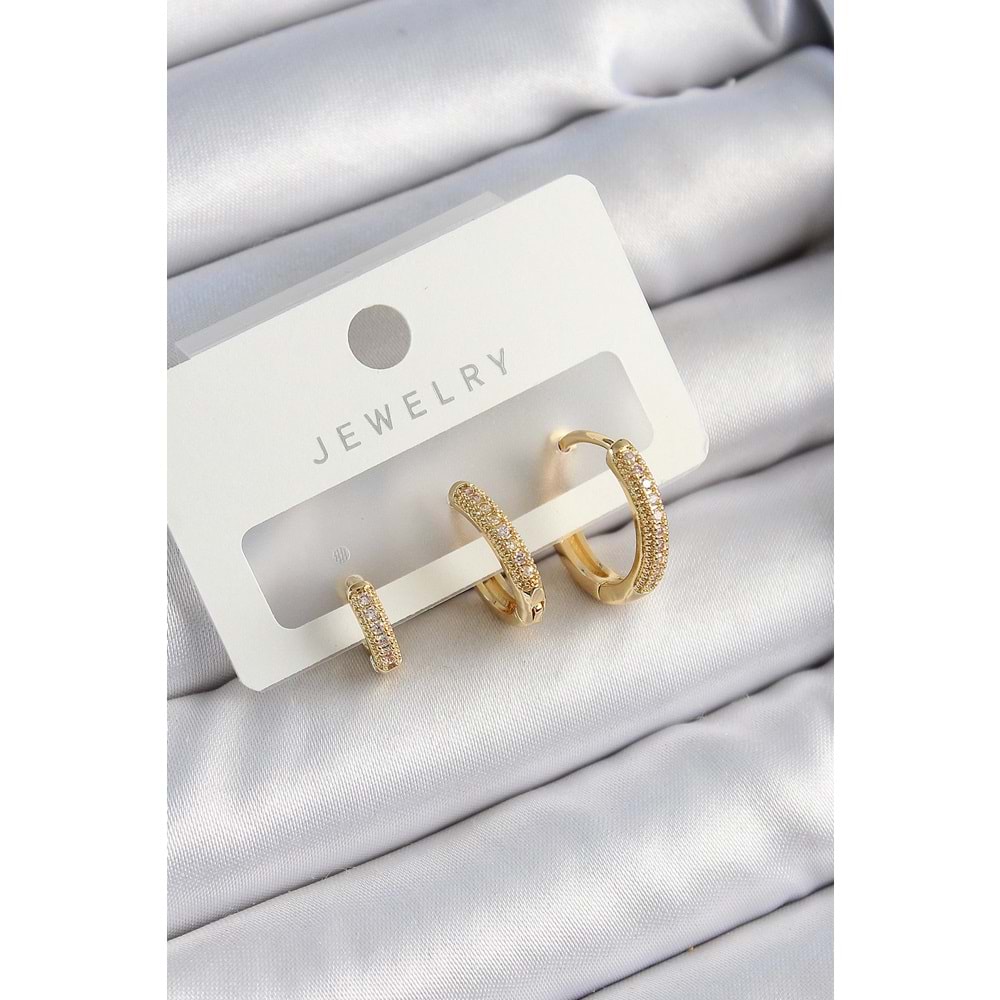 Pirinç Zirkon Taşlı Halka Model Gold Renk 3'lü Çift Kadın Küpe Set