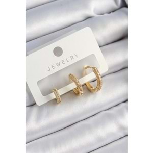 Pirinç Zirkon Taşlı Halka Model Gold Renk 3'lü Çift Kadın Küpe Set