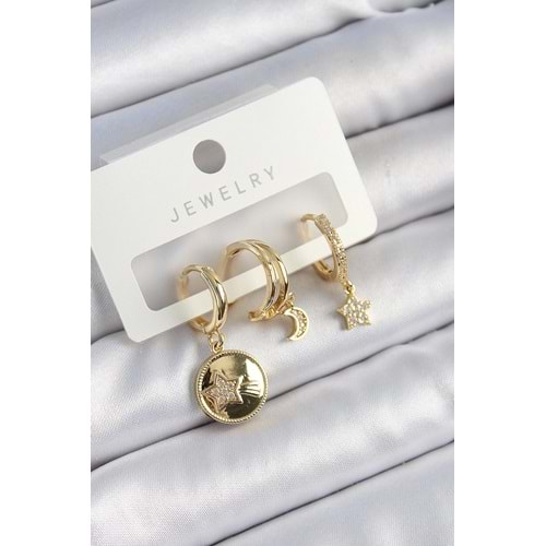 Pirinç Zirkon Taşlı Yıldız Ve Ay Model Gold Renk 3'lü Çift Kadın Küpe Set