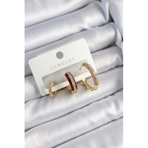 Pirinç Zirkon Taşlı Bordo Halka Model Gold Renk 3'lü Çift Kadın Küpe Set