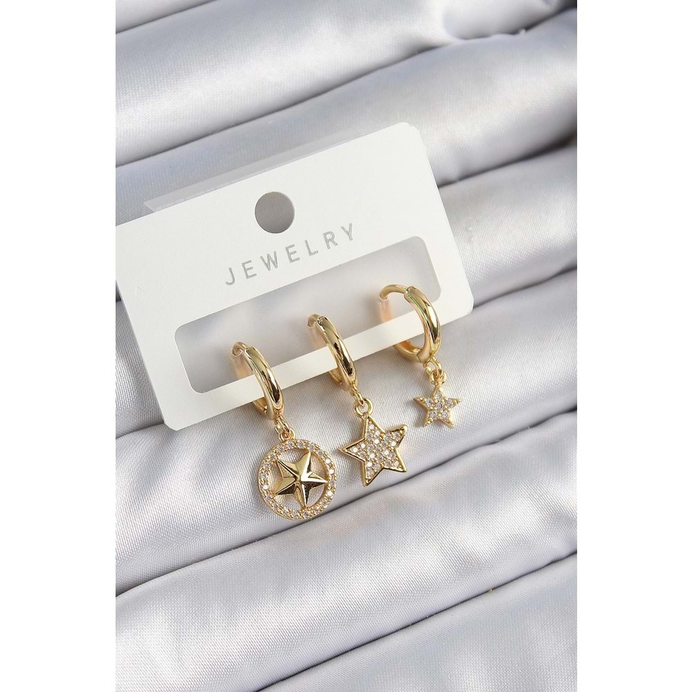 Pirinç Zirkon Taşlı Yıldız Model Gold Renk 3'lü Çift Kadın Küpe Set