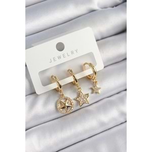 Pirinç Zirkon Taşlı Yıldız Model Gold Renk 3'lü Çift Kadın Küpe Set