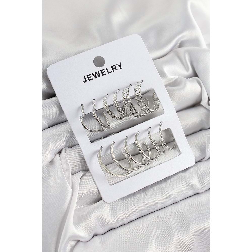 Pirinç Karışık Halka Model Gümüş Renk 6 Çift Kadın Küpe Set