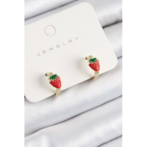 Pirinç Çilek Model Gold Renk Çocuk Küpe