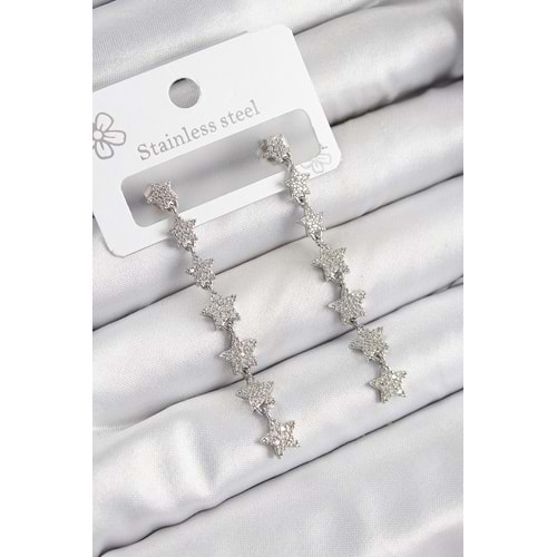 Pirinç Zirkon Taşlı Sallantılı Yıldız Model Gümüş Renk Kadın Küpe