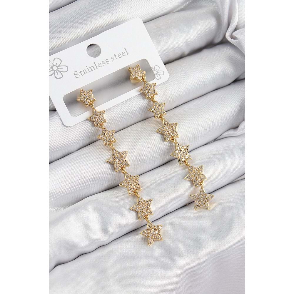 Pirinç Zirkon Taşlı Sallantılı Yıldız Model Gold Renk Kadın Küpe