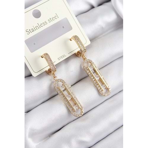 316L Çelik Zirkon Taşlı Sallantılı Messika Model Gold Renk Kadın Küpe