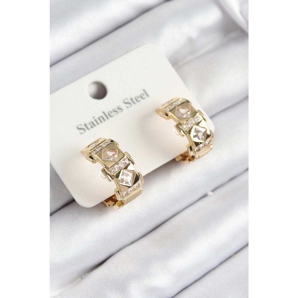 316L Çelik Zirkon Taşlı Halka Model Gold Renk Kadın Küpe