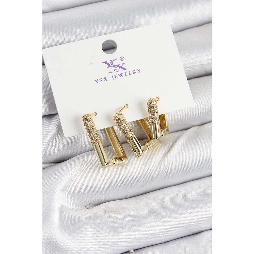 Pirinç Zİrkon Taşlı Dikdörtgen Model Gold Renk 3'lü Kadın Küpe