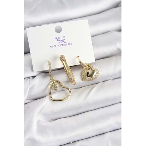 Pirinç Zİrkon Taşlı Kalp Model Gold Renk 3'lü Kadın Küpe