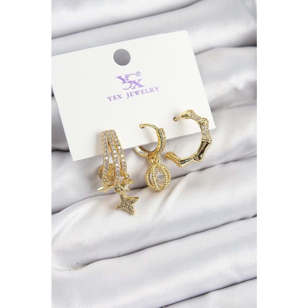 Pirinç Zİrkon Taşlı Sallantılı Yıldız Model Gold Renk 3'lü Kadın Küpe