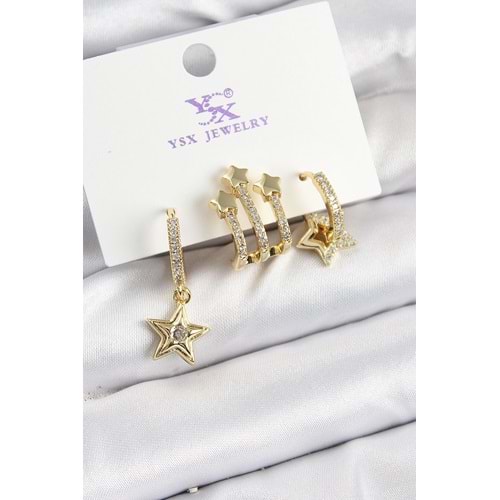 Pirinç Zİrkon Taşlı Sallantılı Yıldız Model Gold Renk 3'lü Kadın Küpe