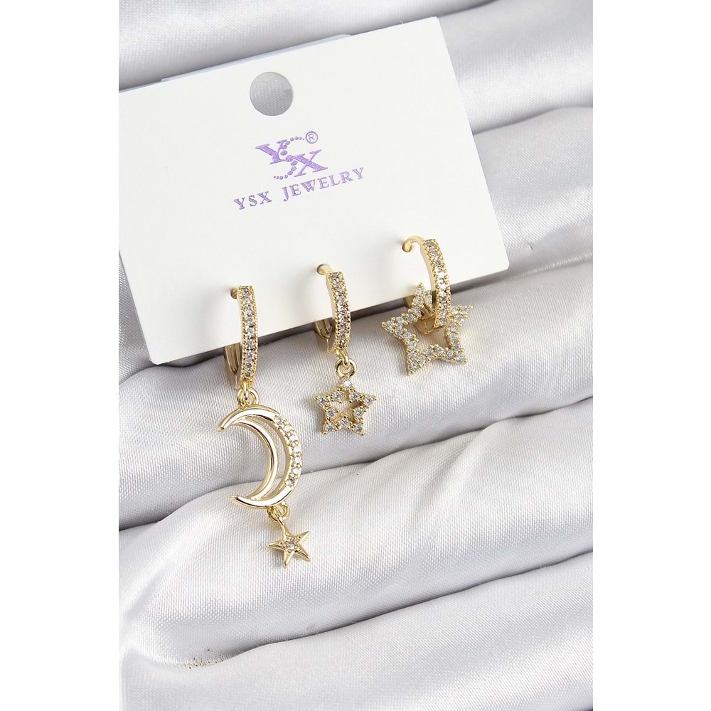 Pirinç Zİrkon Taşlı Ay Ve Hilal Model Gold Renk 3'lü Kadın Küpe