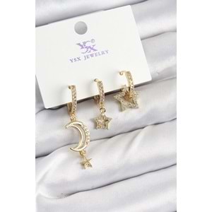 Pirinç Zİrkon Taşlı Ay Ve Hilal Model Gold Renk 3'lü Kadın Küpe