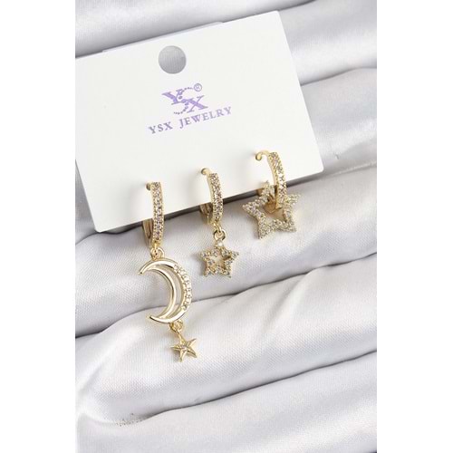 Pirinç Zİrkon Taşlı Ay Ve Hilal Model Gold Renk 3'lü Kadın Küpe
