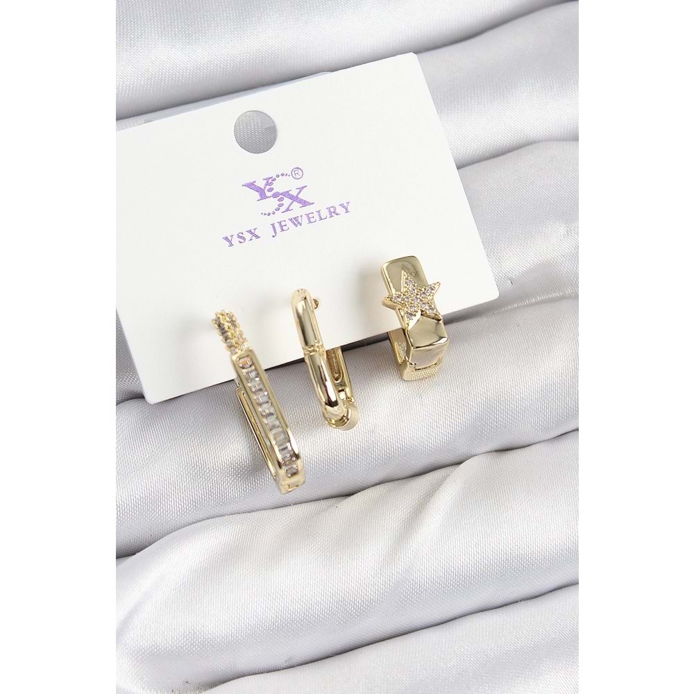 Pirinç Zİrkon Taşlı Yıldız Model Gold Renk 3'lü Kadın Küpe