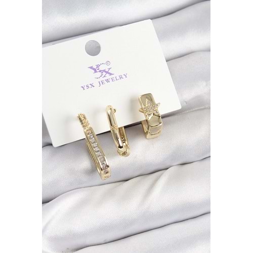 Pirinç Zİrkon Taşlı Yıldız Model Gold Renk 3'lü Kadın Küpe