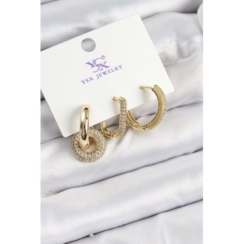 Pirinç Zİrkon Taşlı Halka Model Gold Renk 3'lü Kadın Küpe