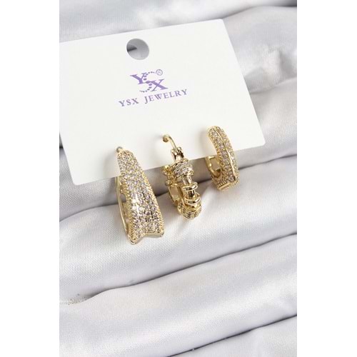 Pirinç Zİrkon Taşlı Halka Model Gold Renk 3'lü Kadın Küpe