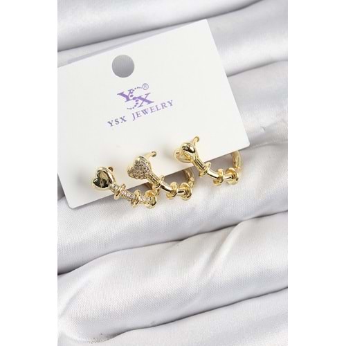 Pirinç Zİrkon Taşlı Kalp Model Gold Renk 3'lü Kadın Küpe