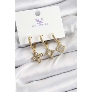 Pirinç Zİrkon Taşlı Yonca Model Gold Renk 3'lü Kadın Küpe