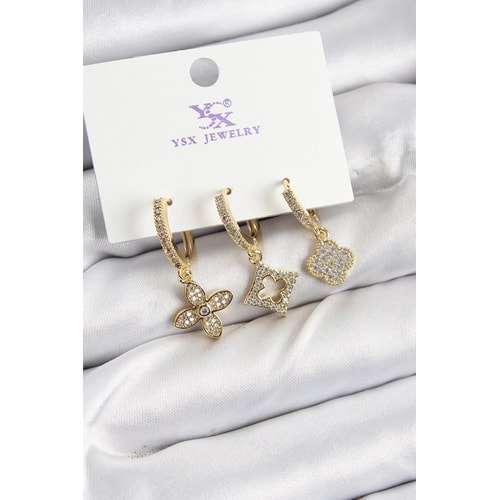 Pirinç Zİrkon Taşlı Yonca Model Gold Renk 3'lü Kadın Küpe
