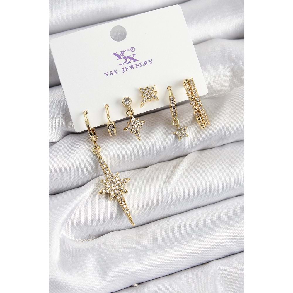 Pirinç Zİrkon Taşlı Kutup Yıldızı Model Gold Renk 3'lü Çift Kadın Küpe