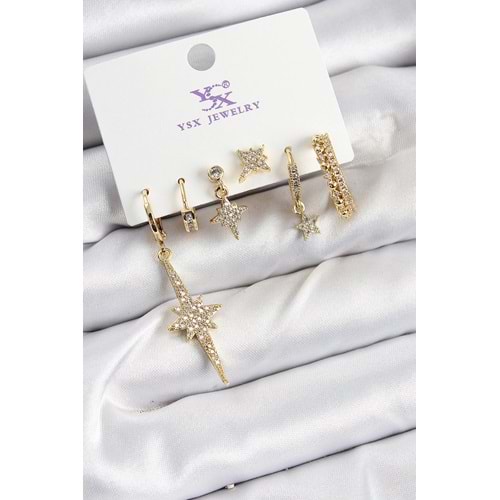 Pirinç Zİrkon Taşlı Kutup Yıldızı Model Gold Renk 3'lü Çift Kadın Küpe