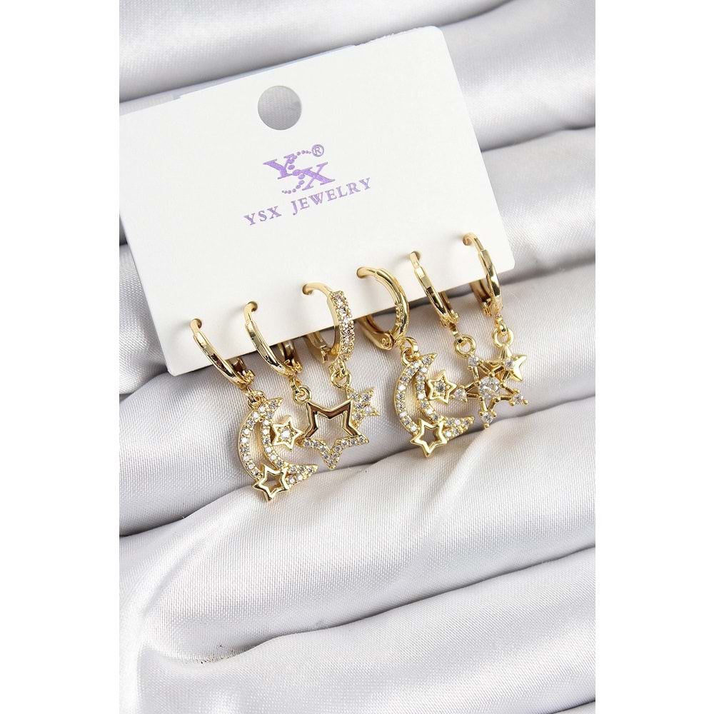 Pirinç Zİrkon Taşlı Ay ve Yıldız Model Gold Renk 3'lü Çift Kadın Küpe