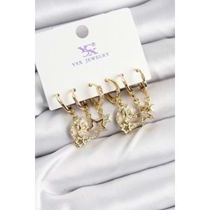 Pirinç Zİrkon Taşlı Ay ve Yıldız Model Gold Renk 3'lü Çift Kadın Küpe
