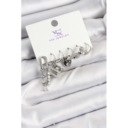 Pirinç Zİrkon Taşlı Dikdörtgen Model Gümüş Renk 3'lü Çift Kadın Küpe