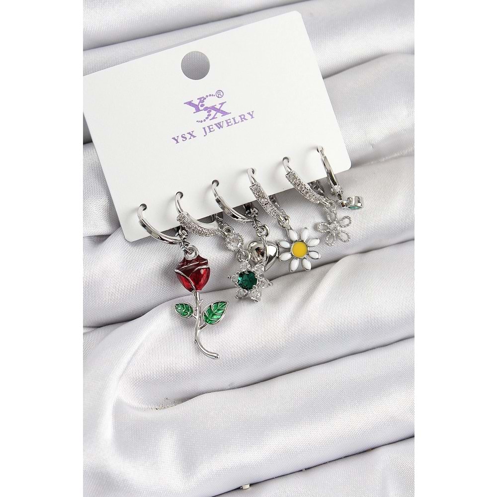Pirinç Zİrkon Taşlı Gül Ve Papatya Model Gümüş Renk 3'lü Çift Kadın Küpe