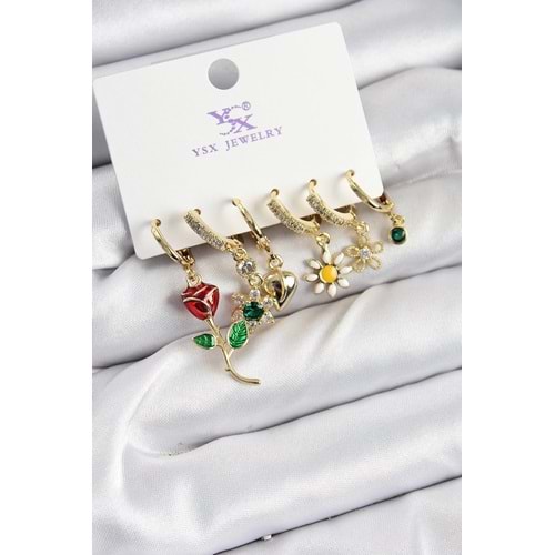 Pirinç Zİrkon Taşlı Gül Ve Papatya Model Gold Renk 3'lü Çift Kadın Küpe
