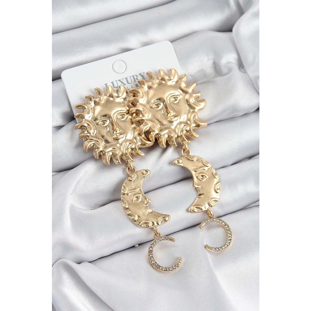 Pirinç Zirkon Taşlı Sallantılı Güneş Model Gold Renk Kadın Küpe