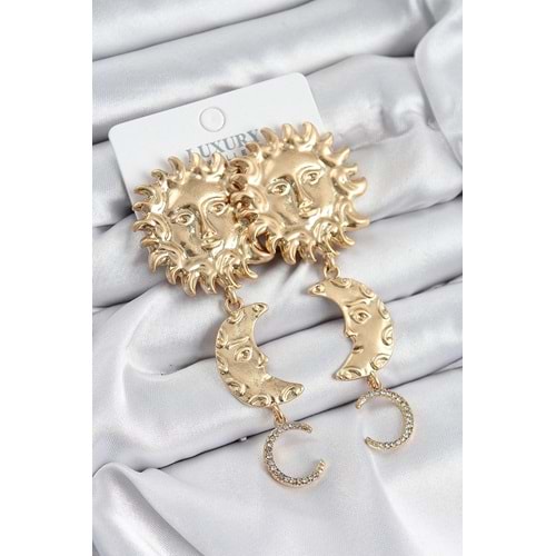 Pirinç Zirkon Taşlı Sallantılı Güneş Model Gold Renk Kadın Küpe