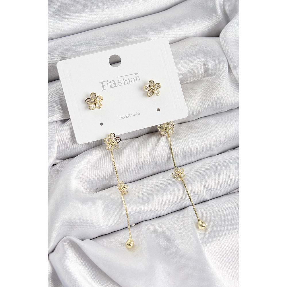Pirinç Zirkon Taşlı Sallantılı Çiçek Model Gold Renk 925 Ayar Gümüş Çivi Kadın Küpe