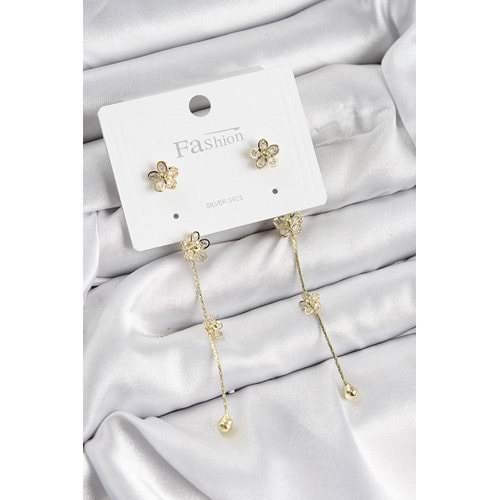 Pirinç Zirkon Taşlı Sallantılı Çiçek Model Gold Renk 925 Ayar Gümüş Çivi Kadın Küpe