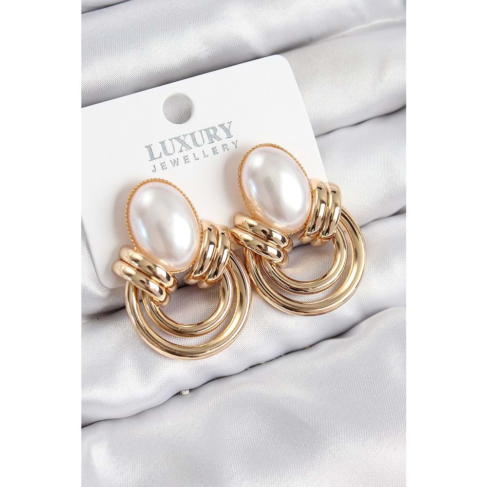 Pirinç İnci Detaylı Vintage Model Gold Renk Kadın Küpe