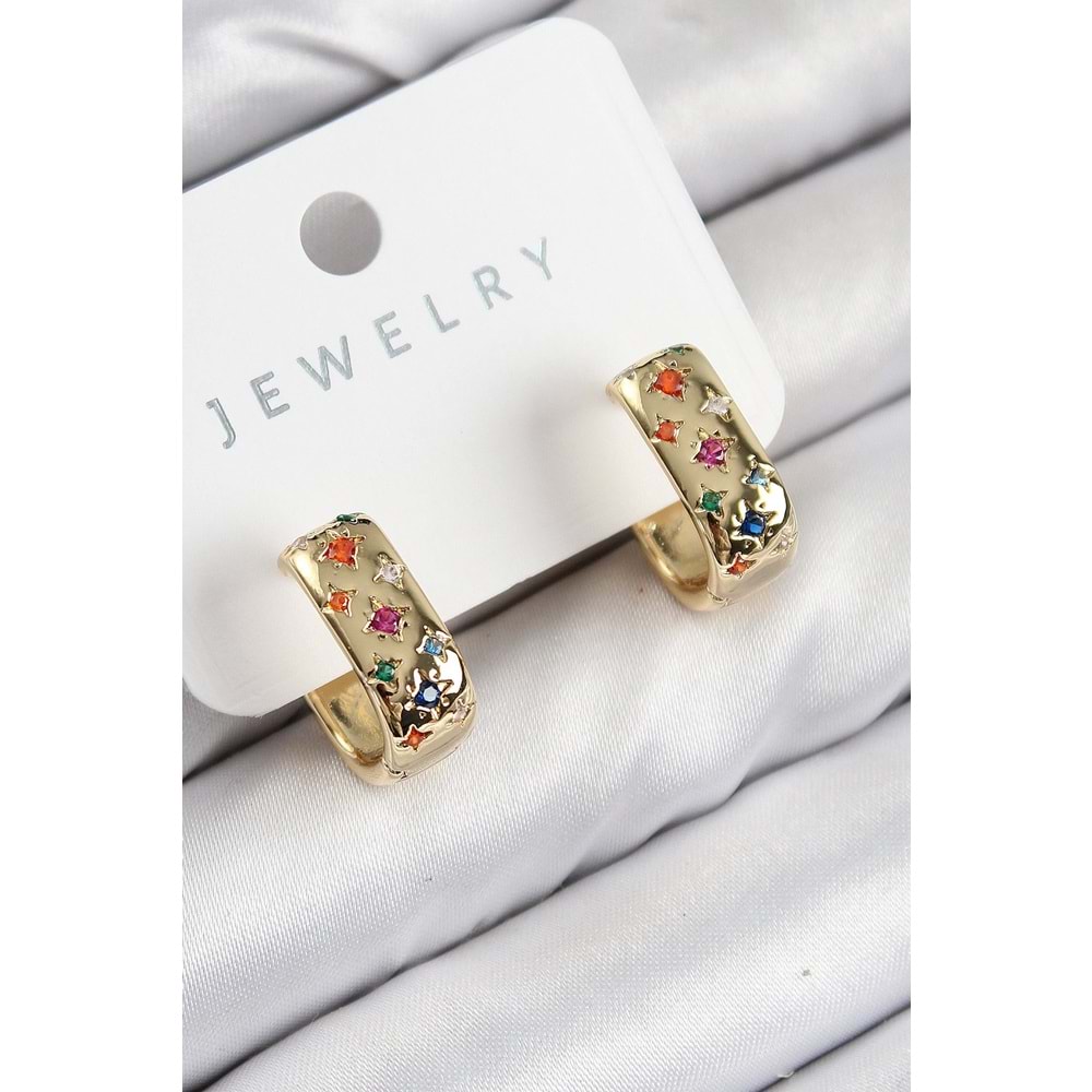 Pirinç Zirkon Taşlı Yıldız Desen Model Gold Renk Kadın Küpe
