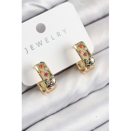 Pirinç Zirkon Taşlı Yıldız Desen Model Gold Renk Kadın Küpe