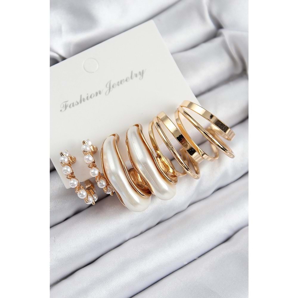 Pirinç İncili Halka Model Gold Renk Kadın Set Küpe